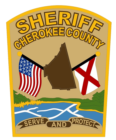 Cherokee County Sheriff's Office patch, with the US flag, state of Alabama, and Alabama state flag suspended over a lake and the phrase Serve and Protect at the bottom