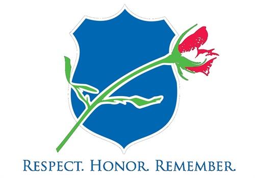 blue background outline of a sheriff badge with a flower
